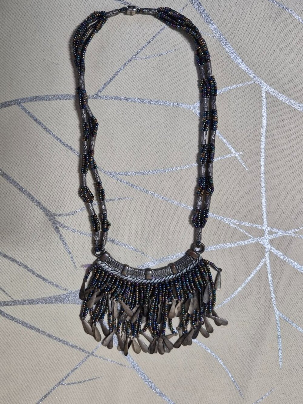 VTG Bohemian Beaded Fringe Choker Necklace Boho Statement Tribal Bib 15.5"